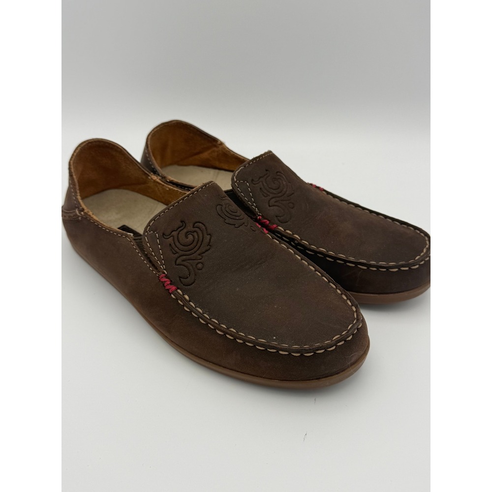 OluKai Nohea Nubuck Brown Leather Slip On Loafers Shoes Womens 5